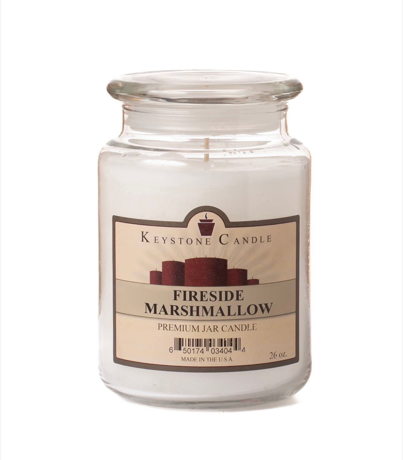 Fireside Marshmallow candle in a glass jar with a label on a white background