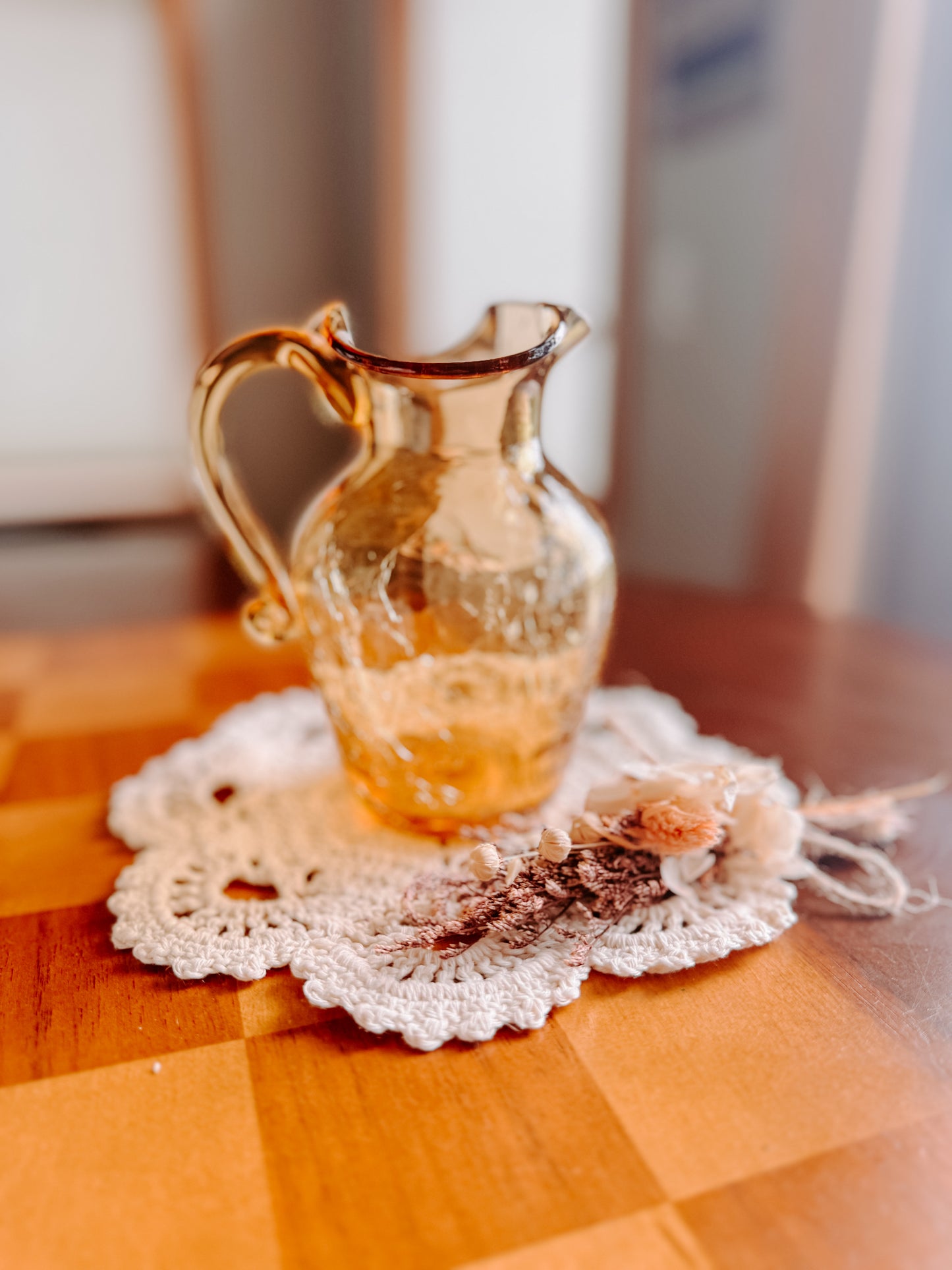 Amber Crackle Glass Pitcher, Vintage Mid-Century