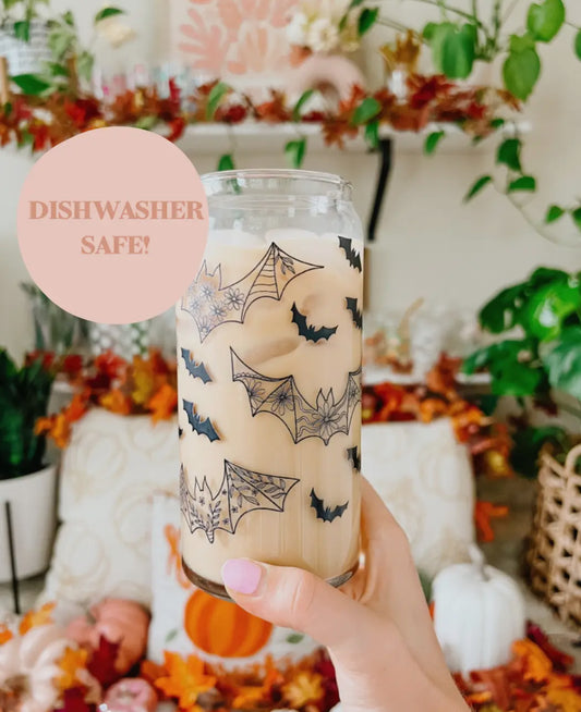 Bats Iced Coffee Glass with bamboo lid & straw 20 oz