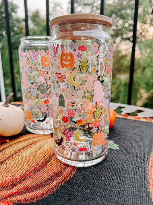 Colorful Halloween Glass with bamboo lid & straw 20 oz