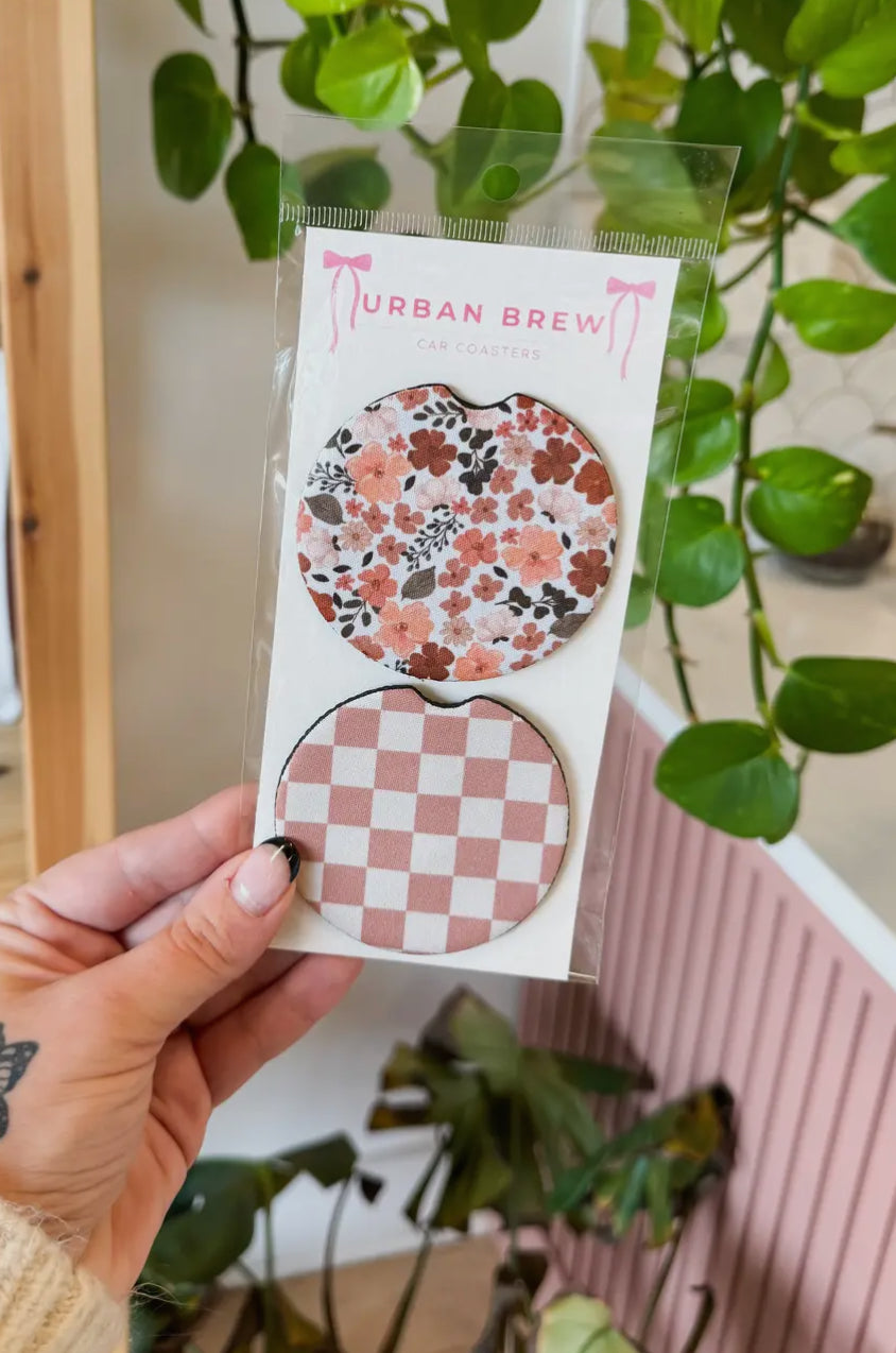 Floral & Check Car Coaster Set