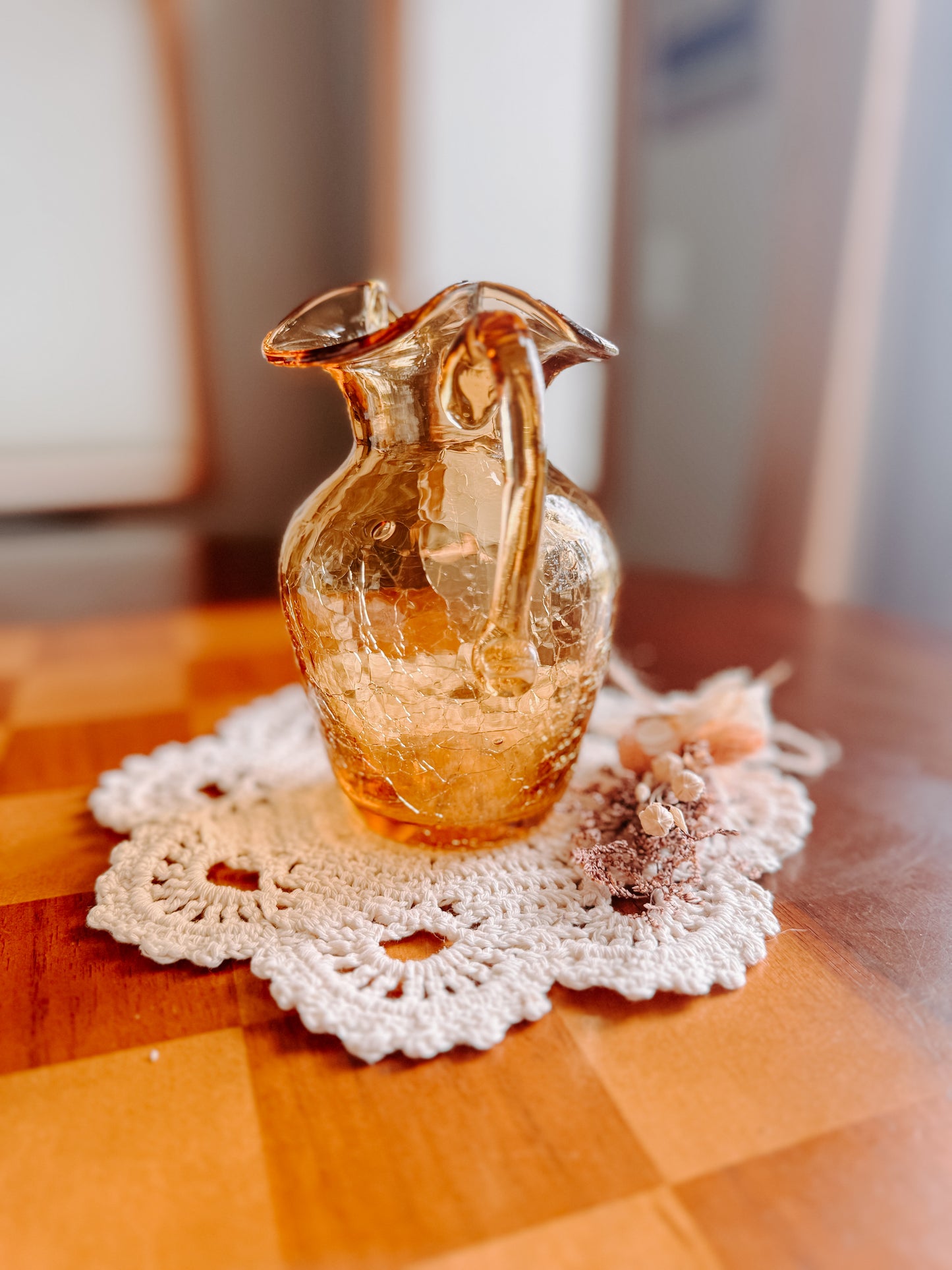 Amber Crackle Glass Pitcher, Vintage Mid-Century