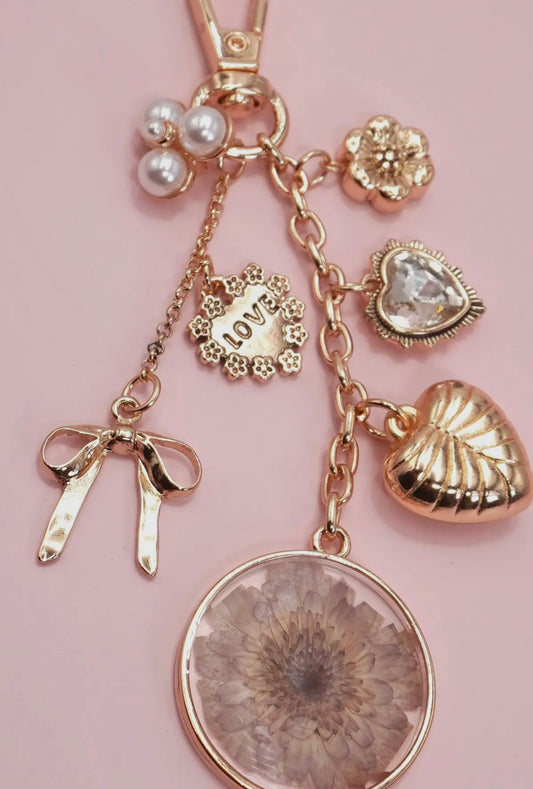 Dried Flower and Hearts Bag Charm – Gold
