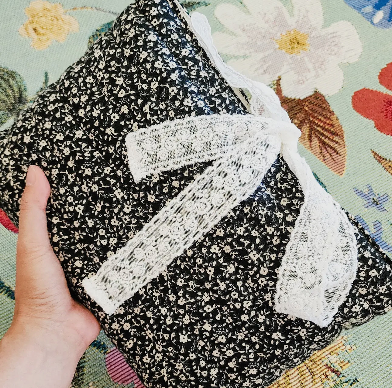 Black Floral Padded Book Sleeve with Lace Ribbon