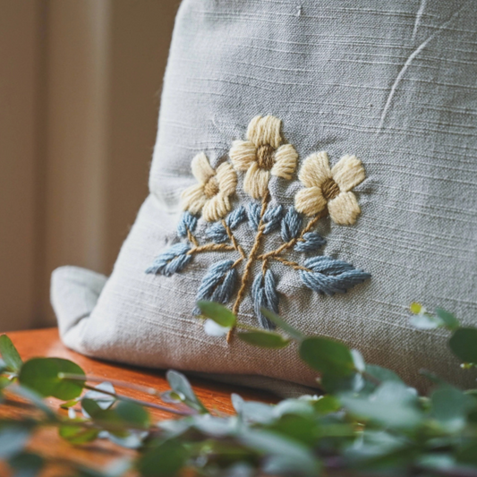Wildflower Embroidered Pillow – Dusty Blue