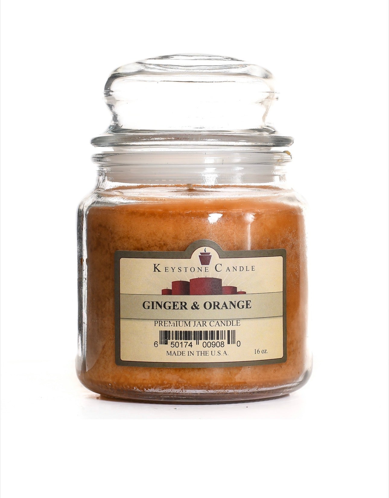 Jar candle labeled 'Ginger & Orange' by Keystone Candle on a white background