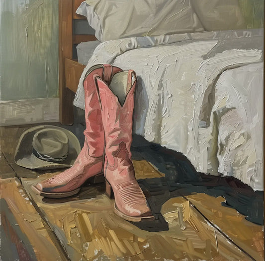 Pink Boots Bedside – 8x10 Framed Cowgirl Art Print