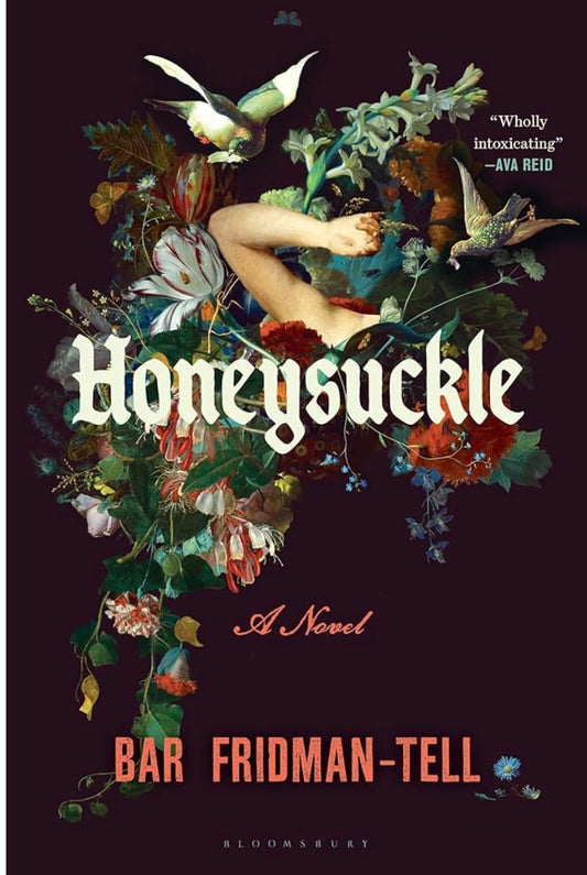Book titled 'Honeysuckle' by Bar Fridman-Tell on a textured surface with plants.