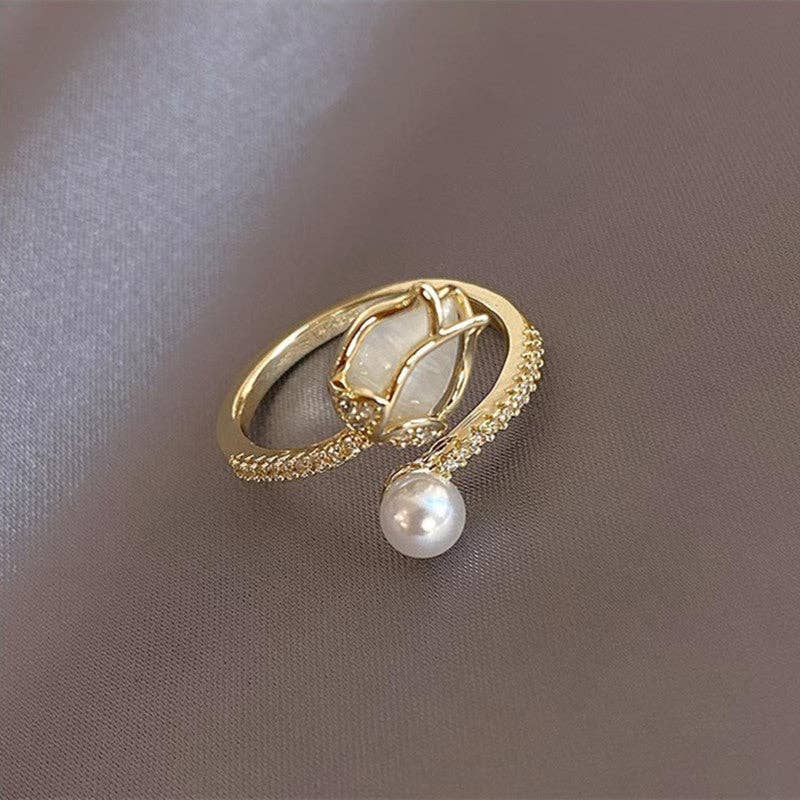Opal Tulip & Pearl Adjustable Ring