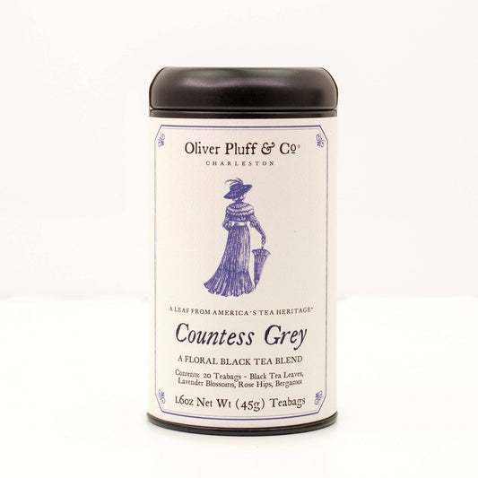 Tea canister labeled 'Countess Grey' by Oliver Pluff & Co on a white background