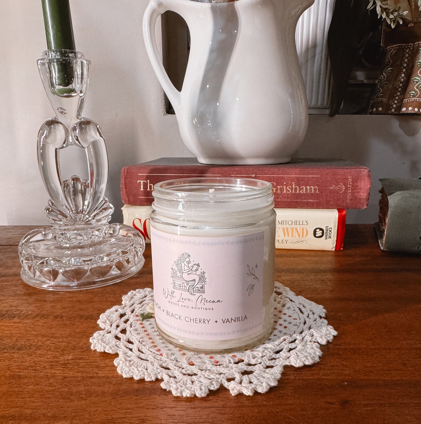 With Love, Meena Signature Candle – Sweet Edition.  Peach + Black Cherry + Vanilla