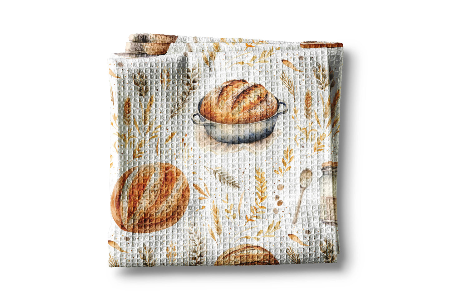 Waffle-textured towel with bread and wheat design on a white background sourdough with love Meena 