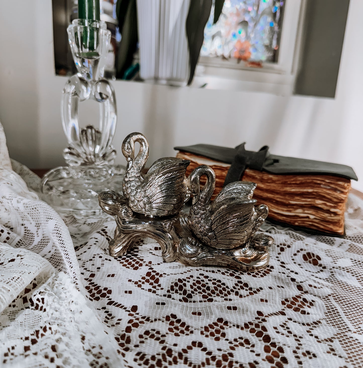 Vintage Swan Salt & Pepper Shakers With Ornate Stand