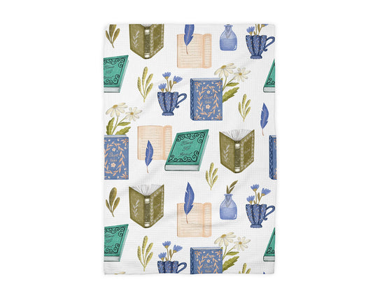 Waffle-textured blanket with kitchen-themed design on a white background book lover tea towel with love Meena