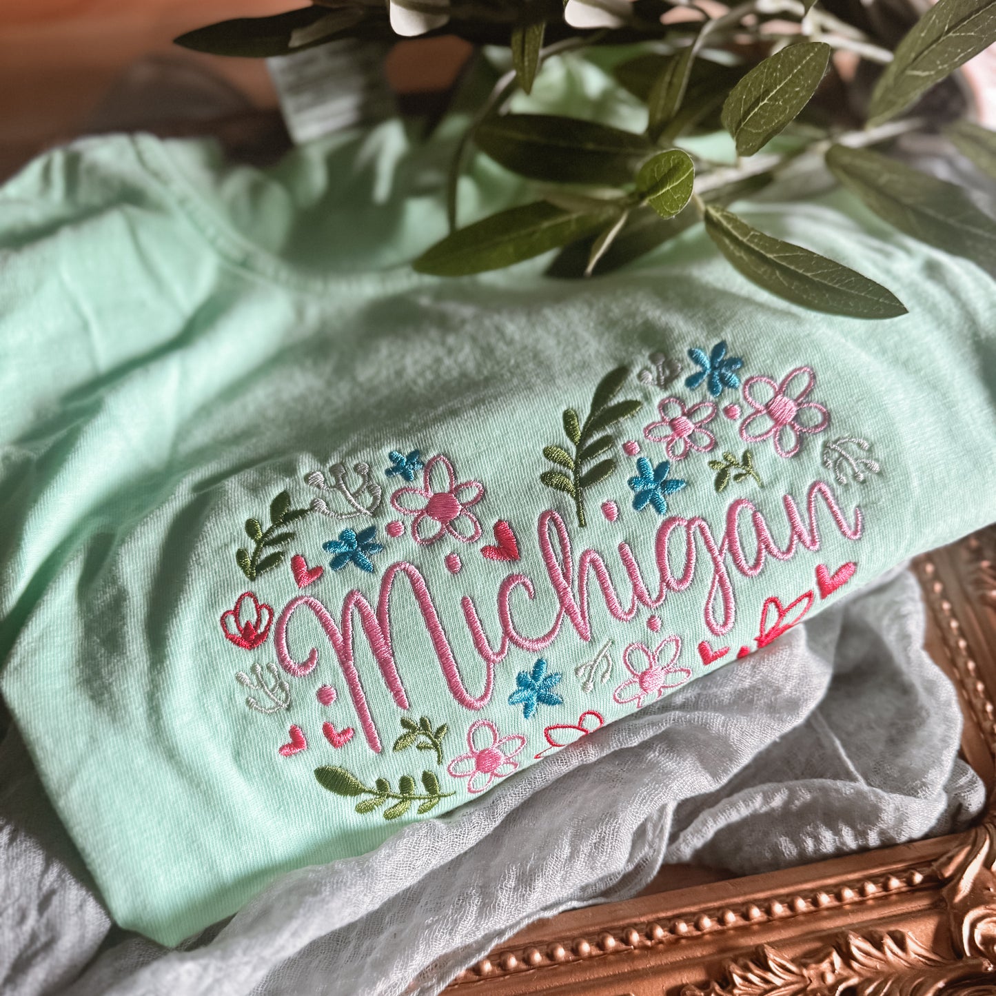 Michigan Floral Heart Embroidered Comfort Colors Tee