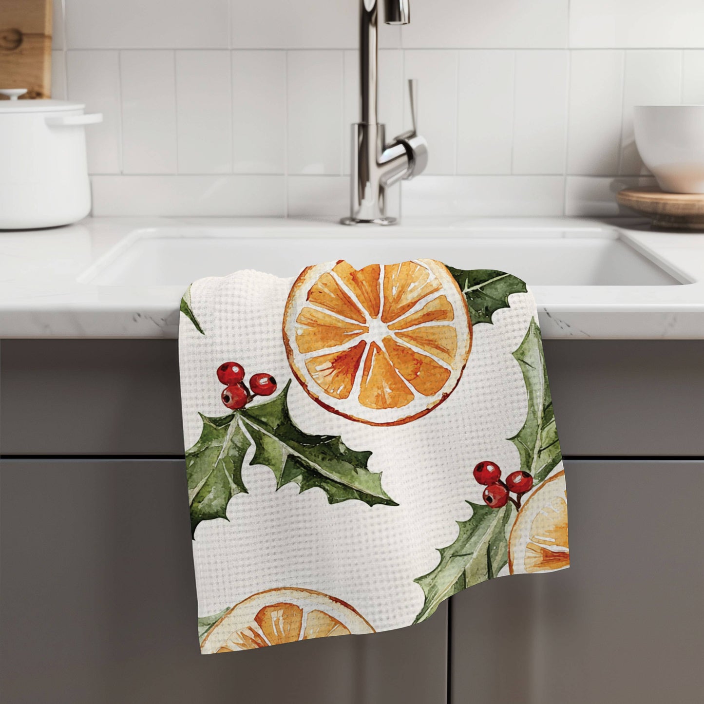Christmas Orange Berry Mistletoe Tea Towel