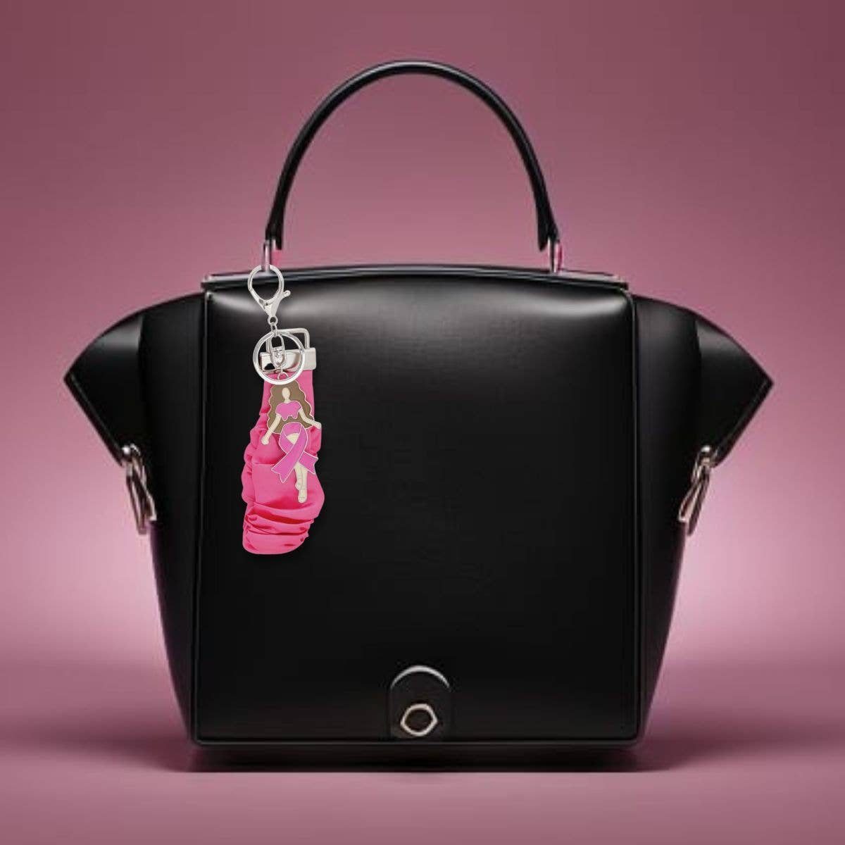 Breast Cancer Awareness Pink Ribbon Woman Wristlet Keychain