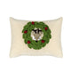 Decorative pillow with a crochet deer  in a wreath design on a white background