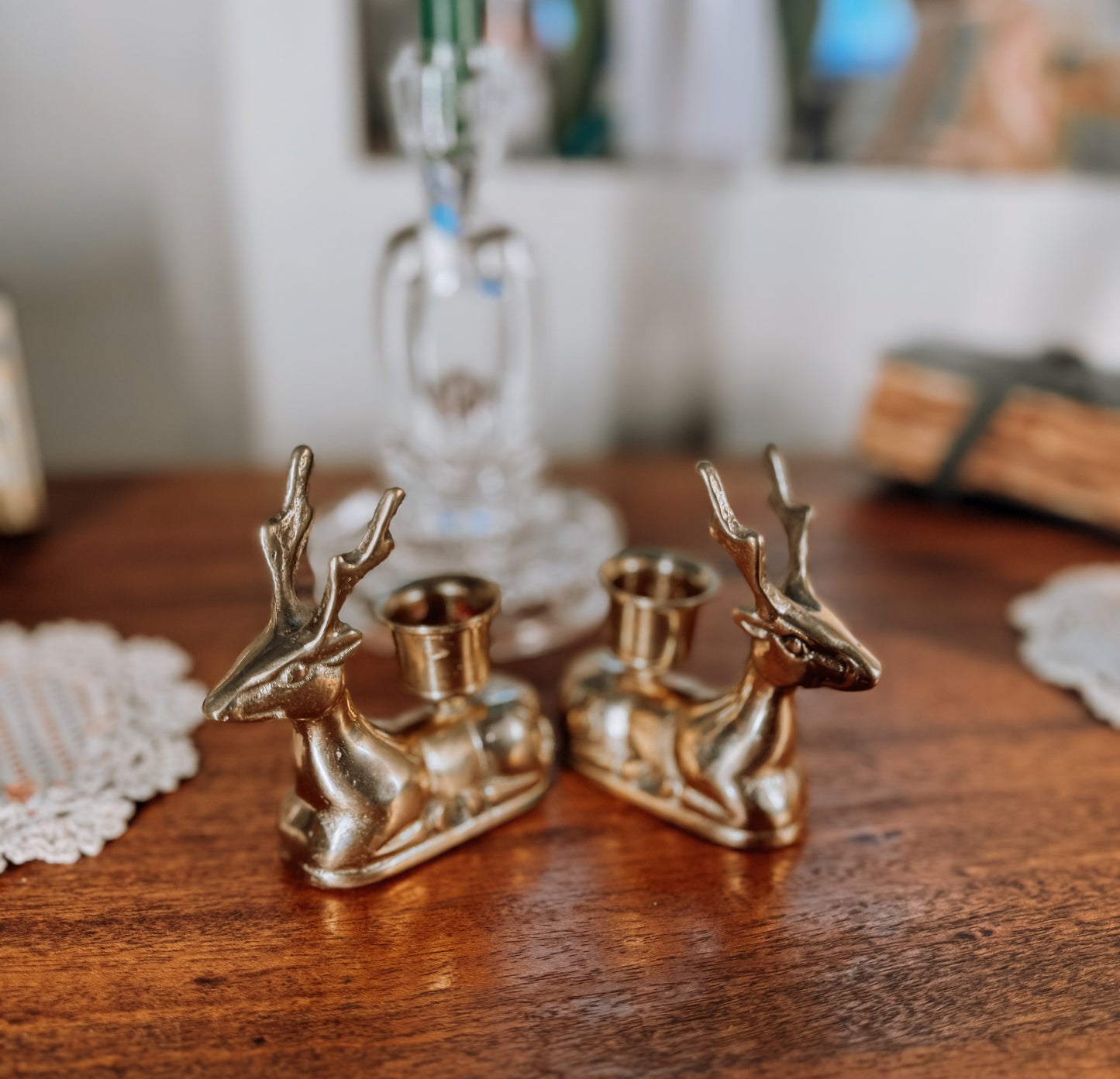 Vintage Brass Reindeer Candle Duo