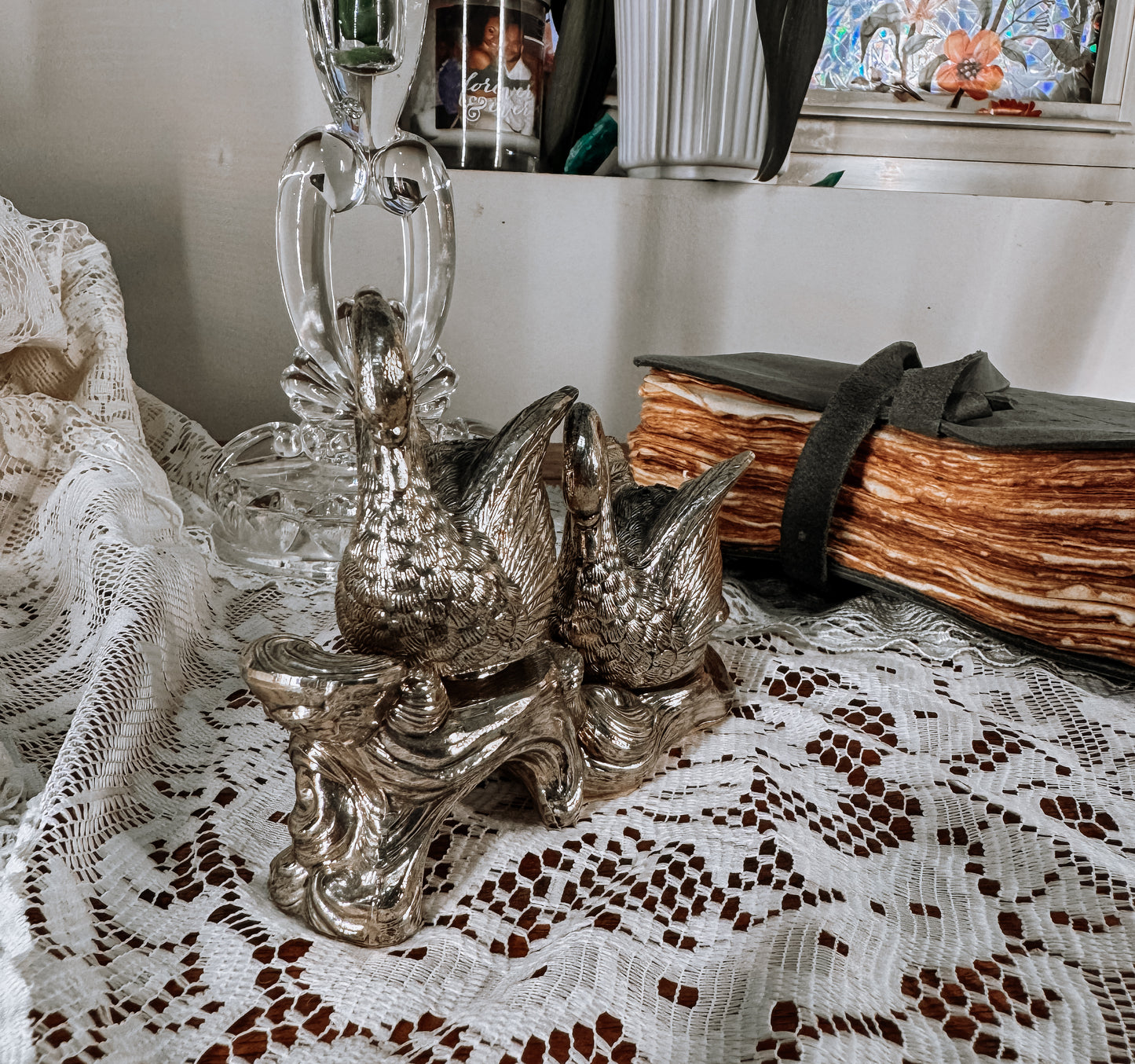 Vintage Swan Salt & Pepper Shakers With Ornate Stand