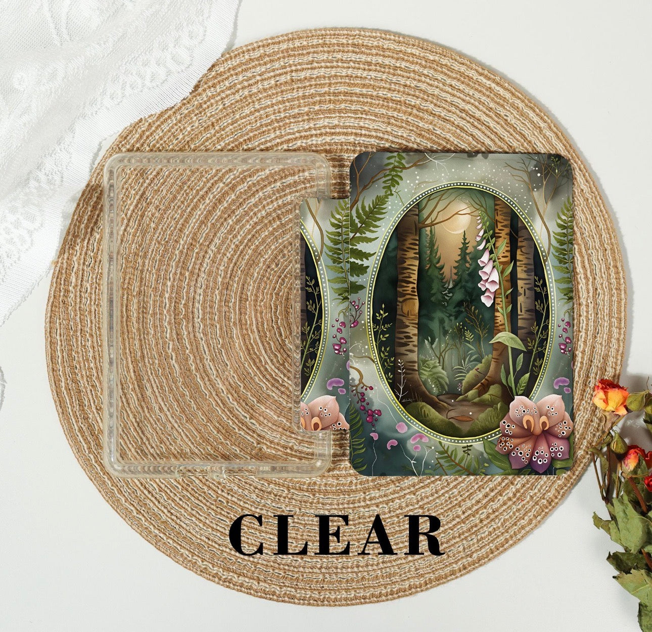 Moonlit Foxglove Forest Clear-Back Kindle Case with Strap