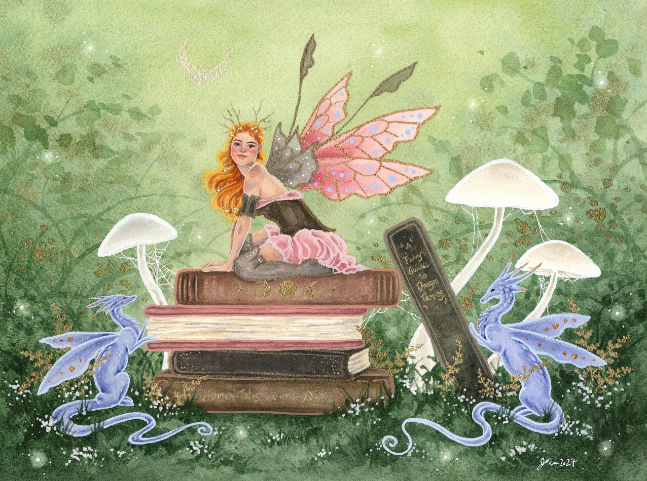 Keepers of the Books Fairy & Dragon Art Print