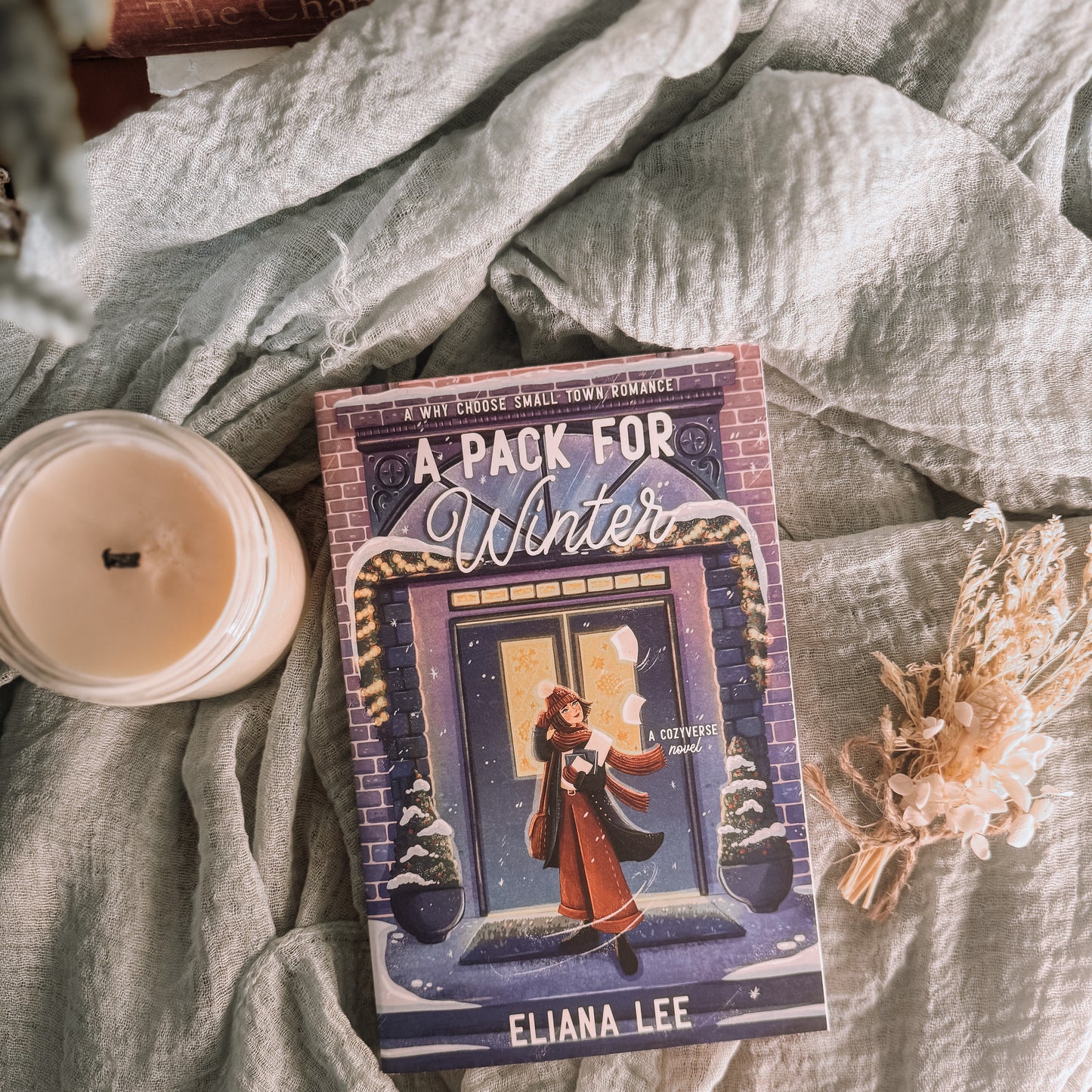 Book titled 'A Pack for Winter' by Eliana Lee on a textured surface with a candle and decorative elements.