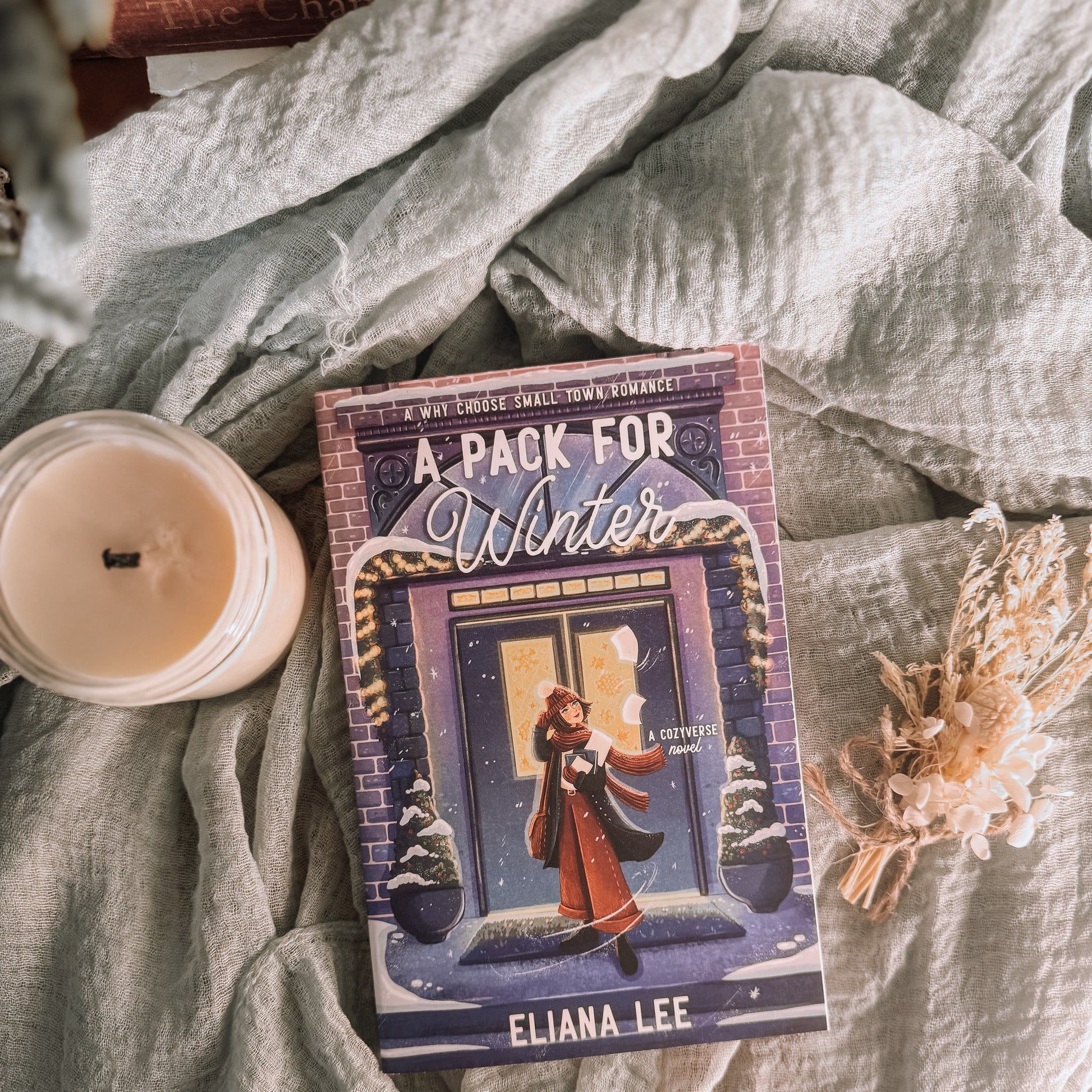 Book titled 'A Pack for Winter' by Eliana Lee on a textured surface with a candle and decorative elements.