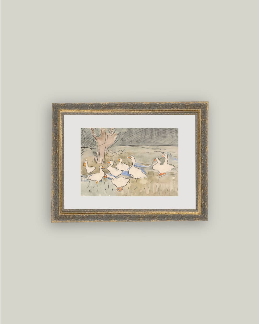 Geese Pond Framed Antique Art PREORDER