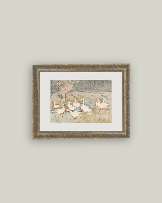 Geese Pond Framed Antique Art PREORDER