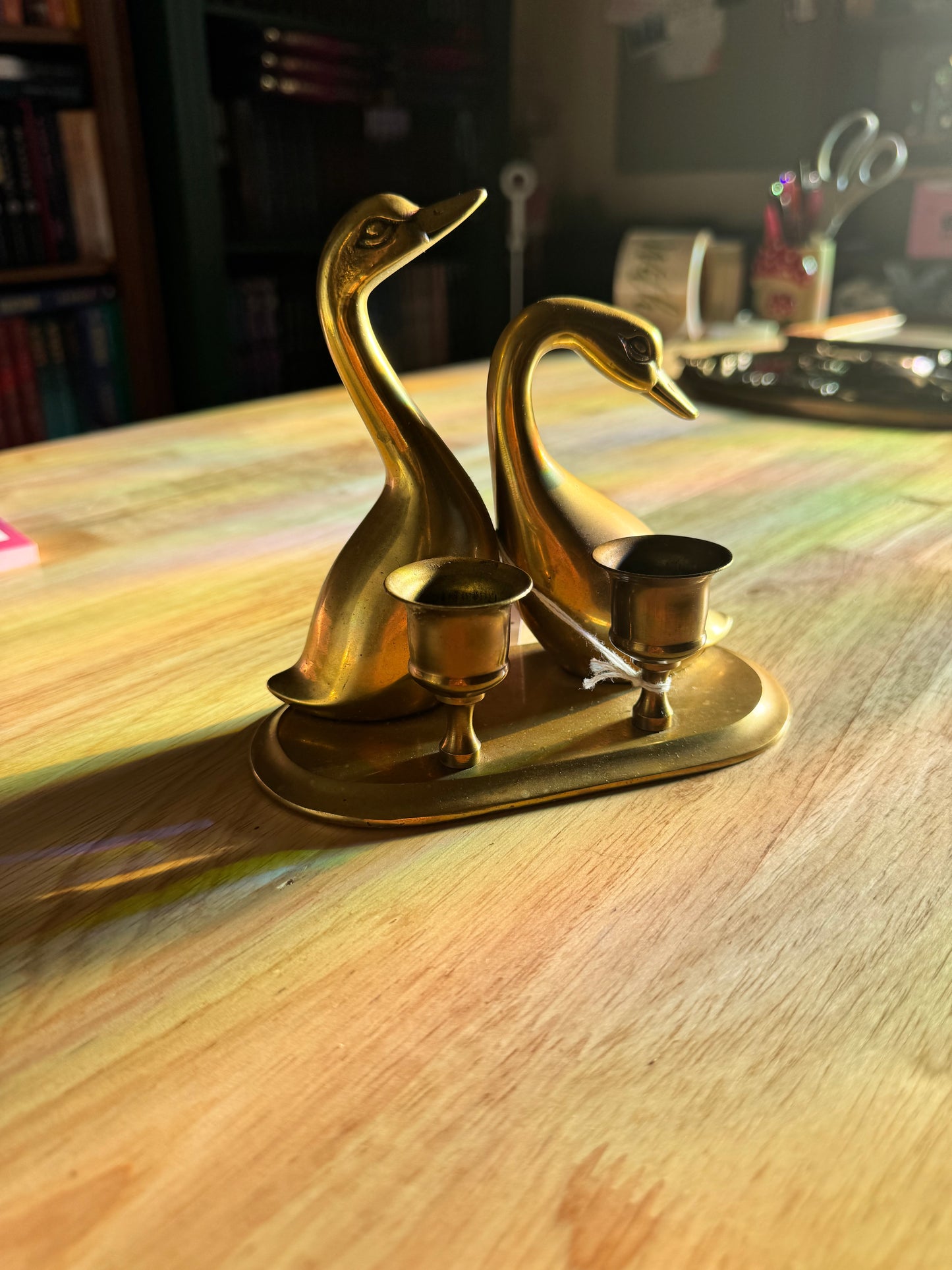 Vintage Brass Swan Candle Holder Pair