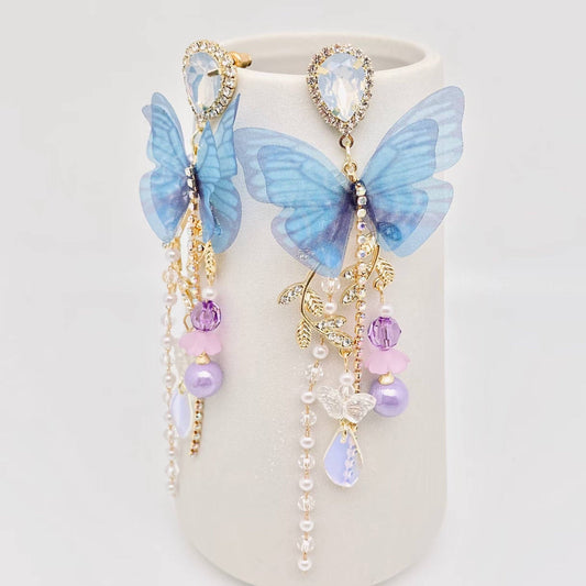 Blue Butterfly Pearl Tassel Earrings