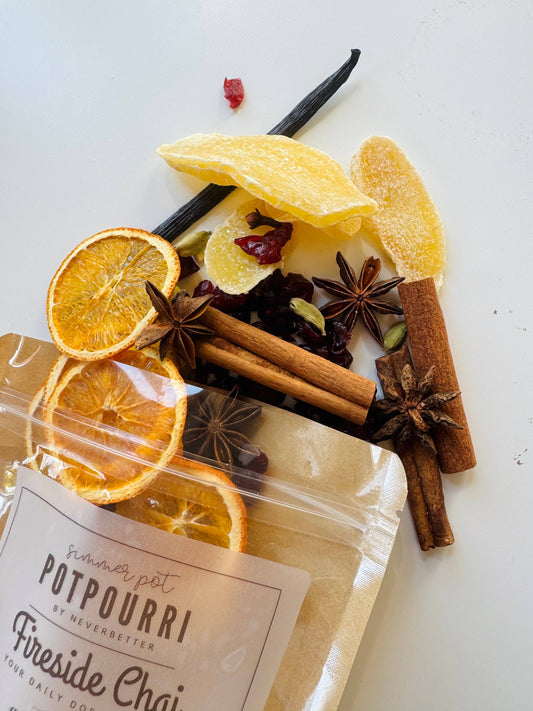 Packaged potpourri with dried oranges, cinnamon sticks, and star anise on a white surface.
Dose of cozy. With love Meena 