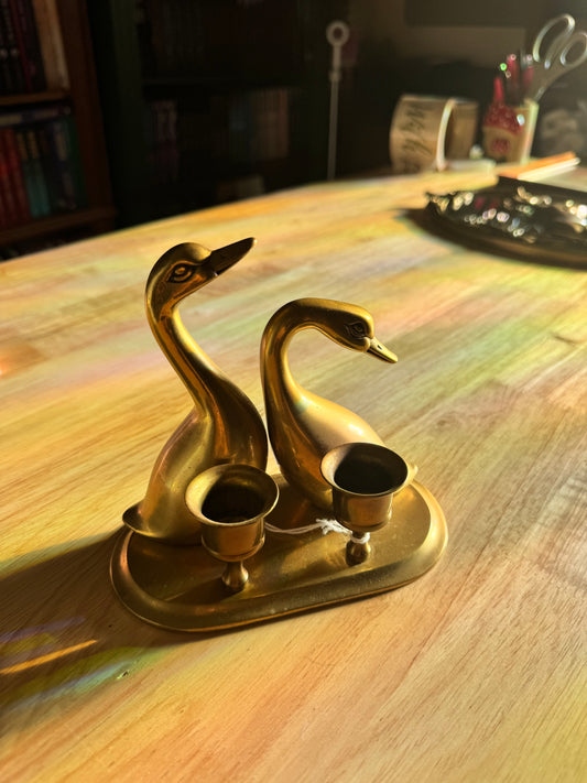 Vintage Brass Swan Candle Holder Pair