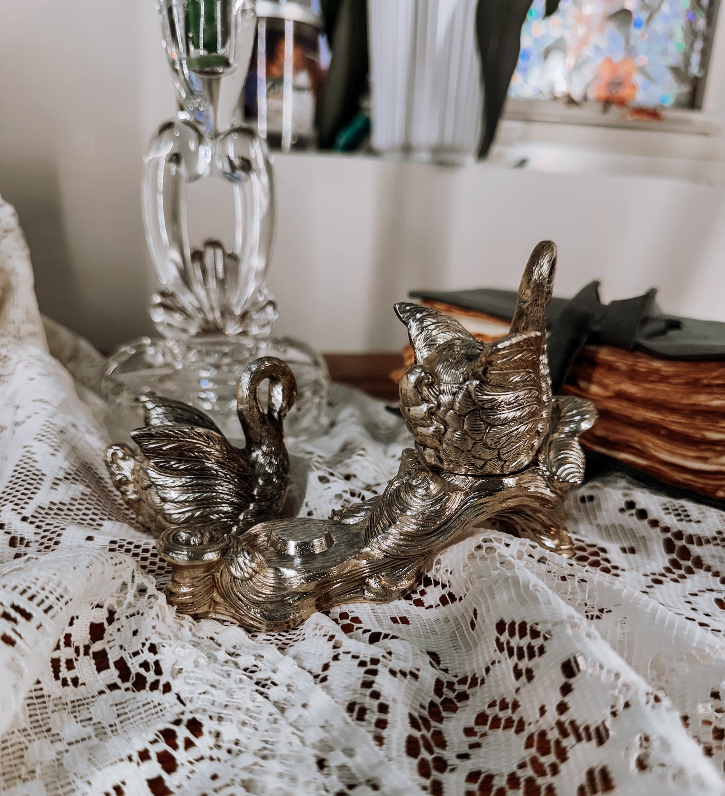 Vintage Swan Salt & Pepper Shakers With Ornate Stand