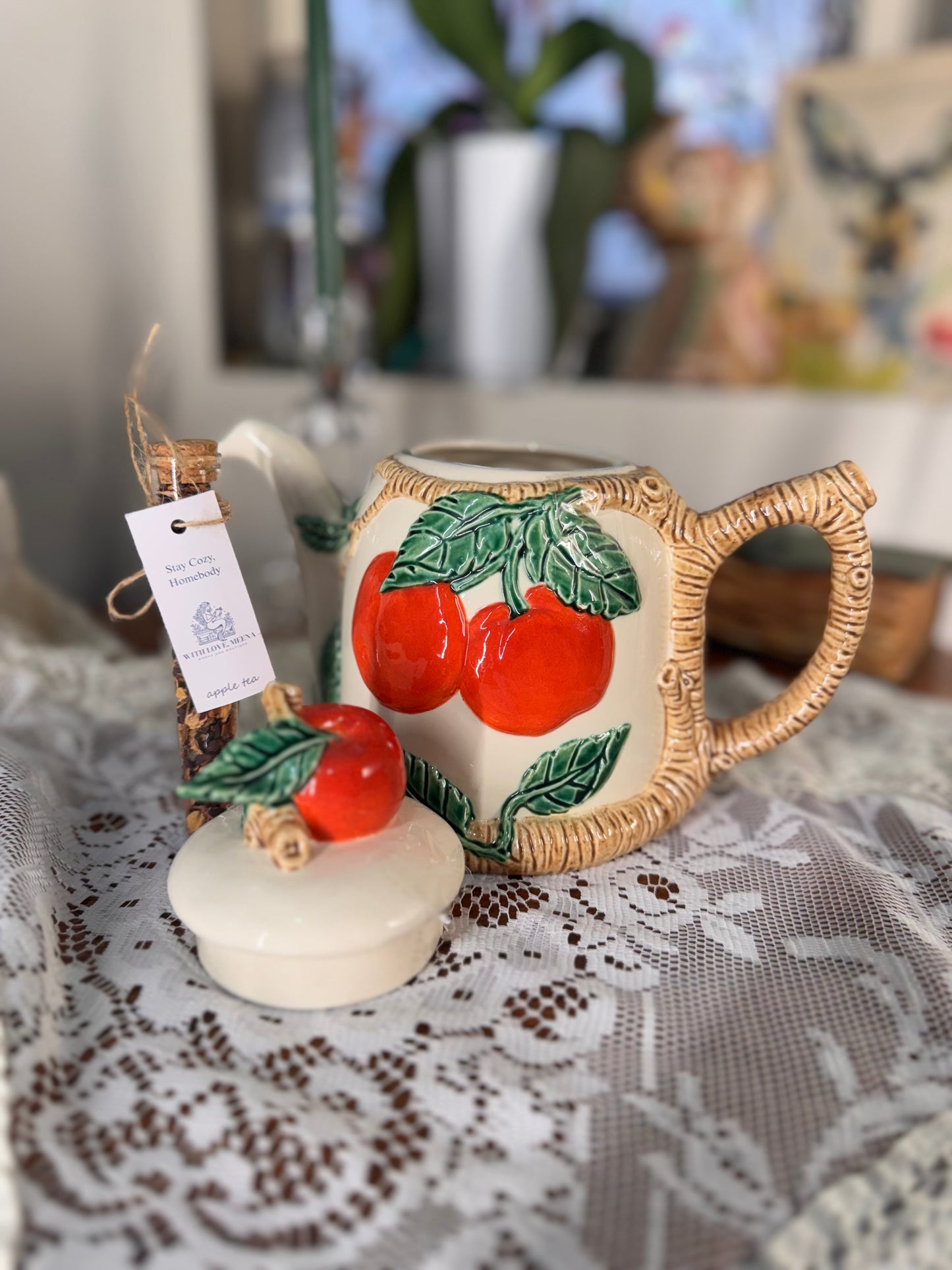 Vintage Apple Orchard Ceramic Teapot