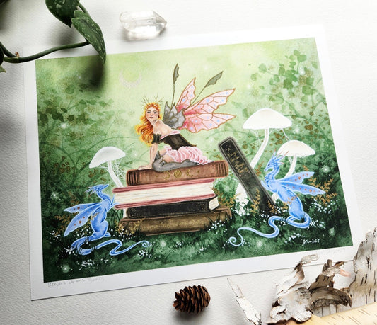 Keepers of the Books Fairy & Dragon Art Print