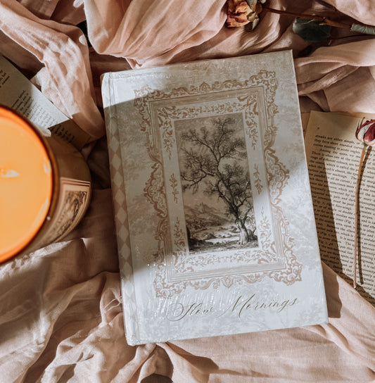 Decorative journal with ornate cover on a soft fabric background