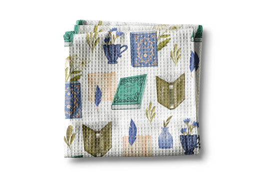 Waffle-textured blanket with kitchen-themed design on a white background book lover tea towel with love Meena 