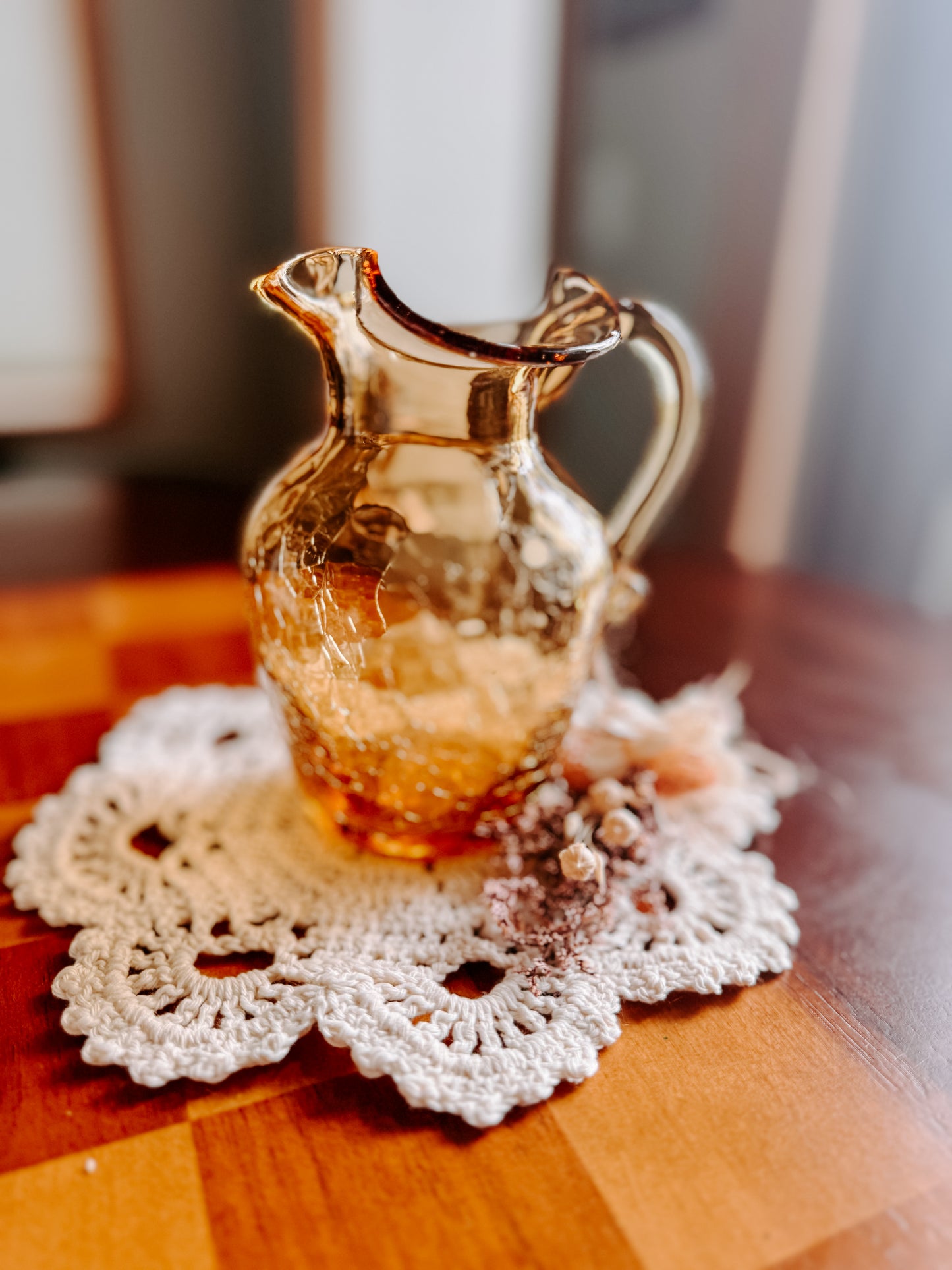 Amber Crackle Glass Pitcher, Vintage Mid-Century