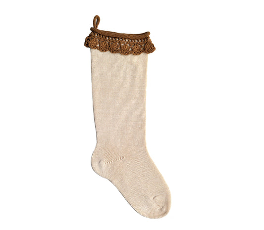 Beige sock with brown lace trim on a white background