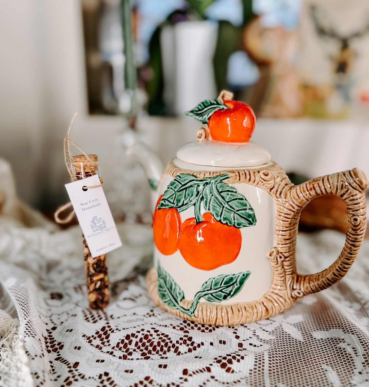 Vintage Apple Orchard Ceramic Teapot