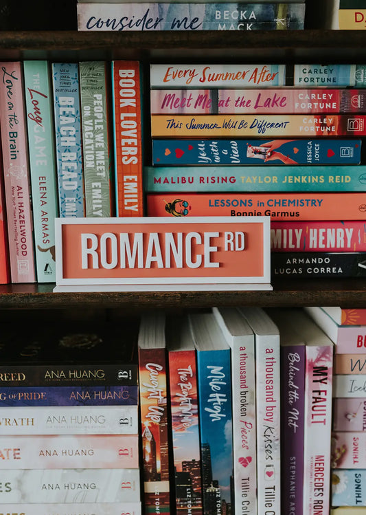 Romance Rd Acrylic Shelf Sign with Stand – White
