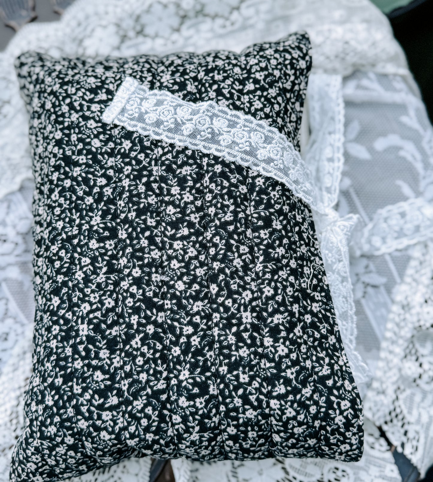 Black Floral Padded Book Sleeve with Lace Ribbon