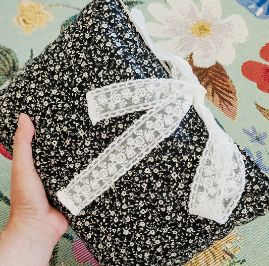 Black Floral Padded Book Sleeve with Lace Ribbon