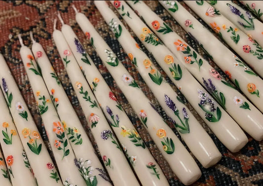 🌸 Hand-Painted Floral Taper Candles set of 2
