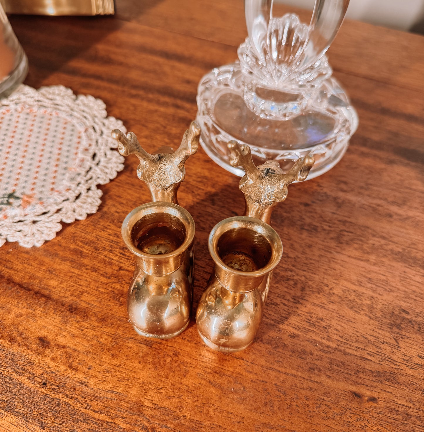 Vintage Brass Reindeer Candle Duo