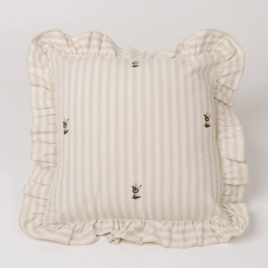 Striped Ruffle Pillow – Cream Floral Stitch