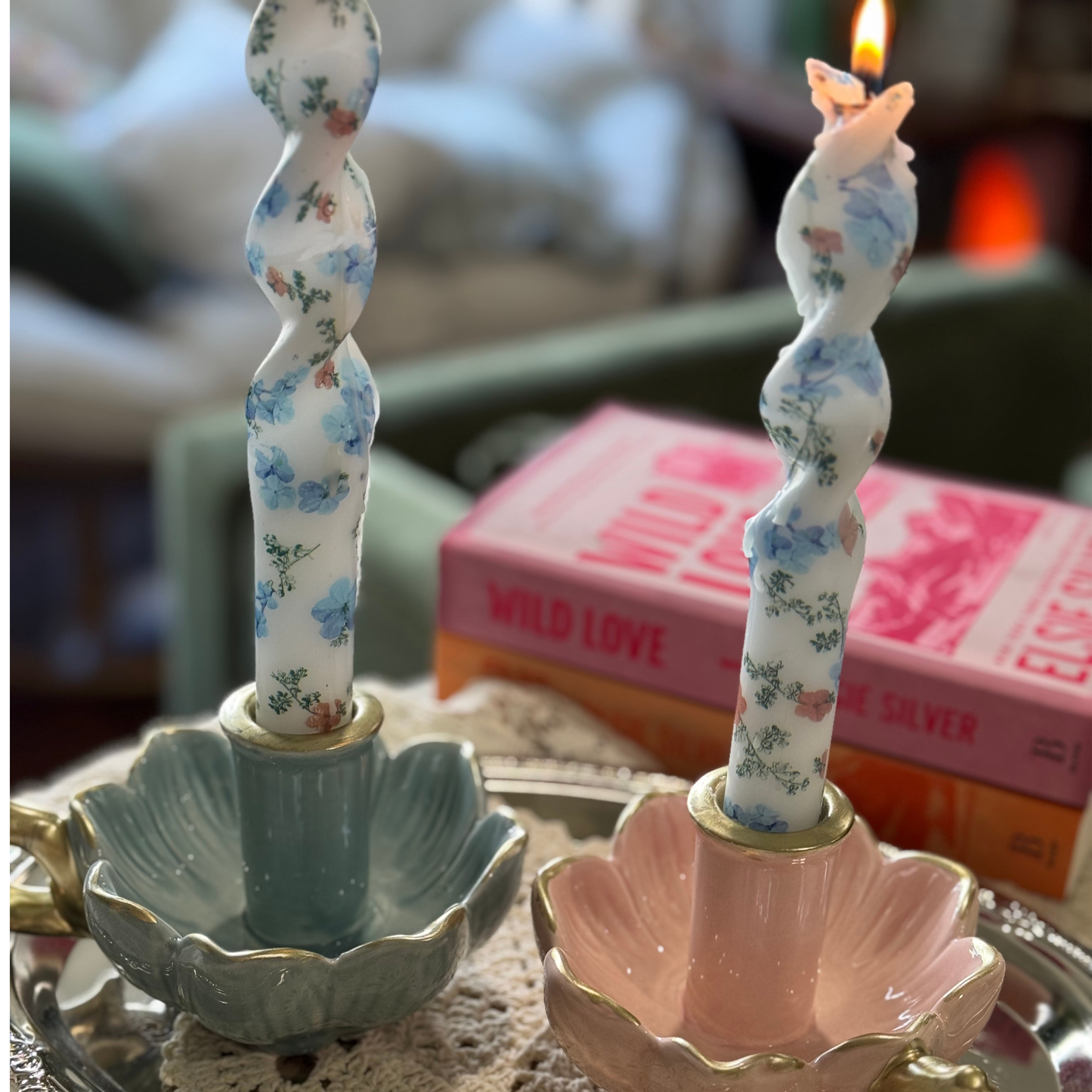 Bloom Handle Taper Holder Set (Blush + Sage blue)