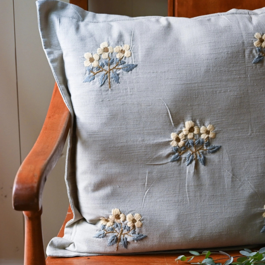 Wildflower Embroidered Pillow – Dusty Blue